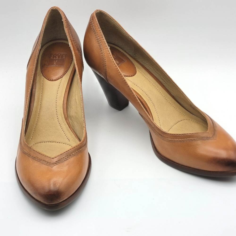 Frye Tan Leather Mid Heel Pumps